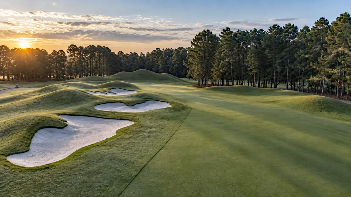 Wild Wing Plantation Avocet Course mounded green with bunkers at sunset